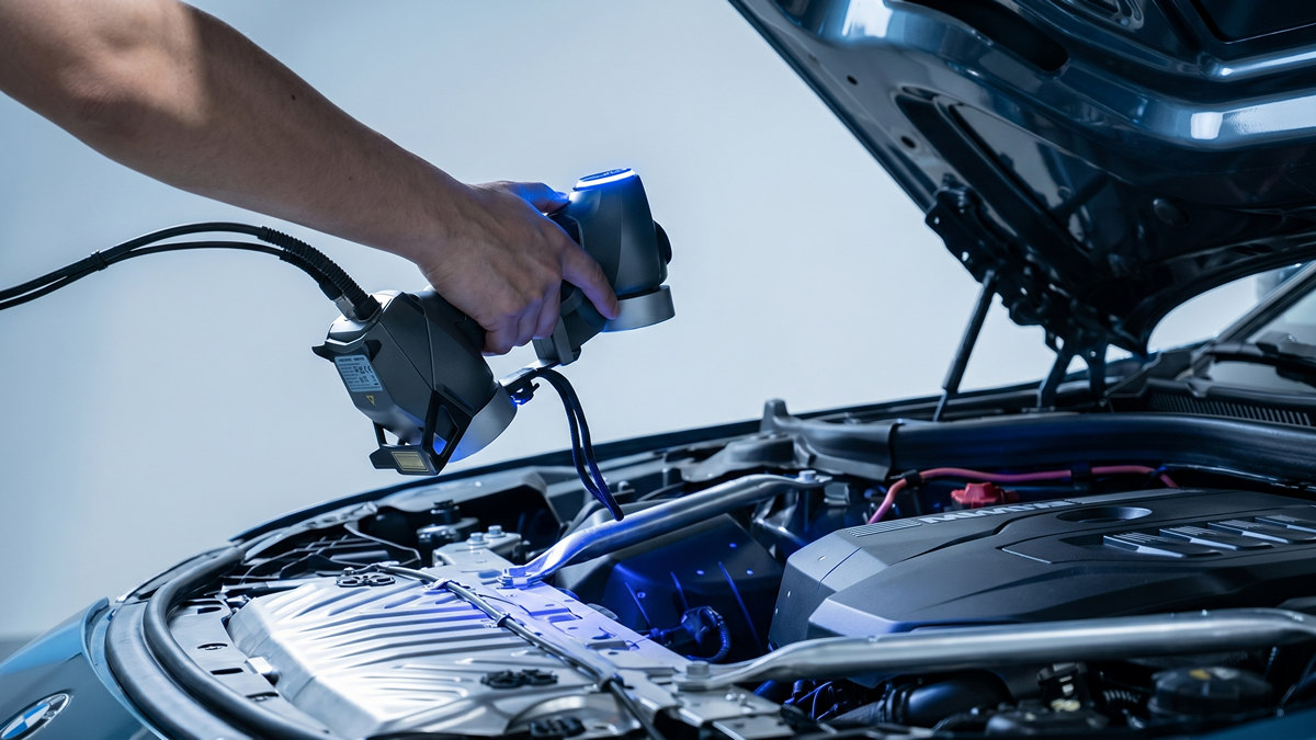 Handheld 3D scanner scanning an automotive engine component