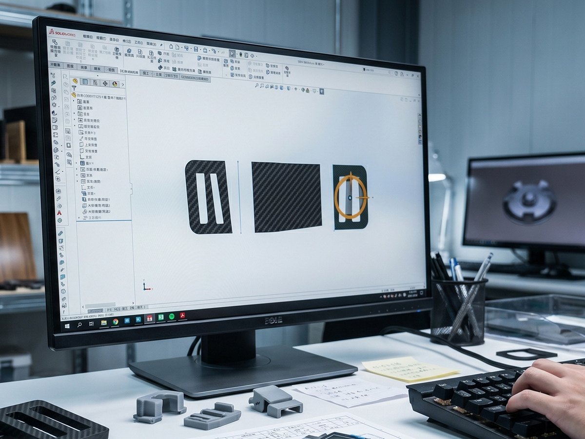 電腦螢幕上的碳纖維物件設計與 CAD 圖面