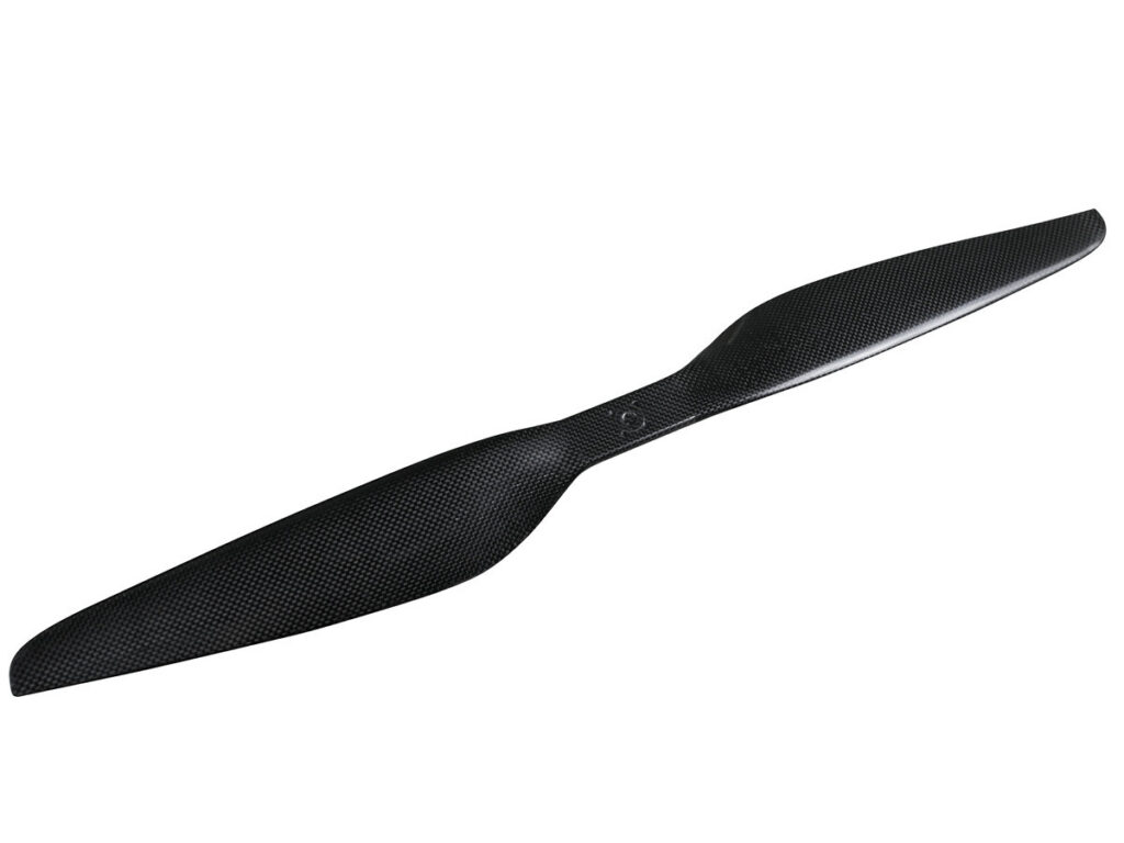 Full view of the black carbon fiber drone propeller (two-blade)