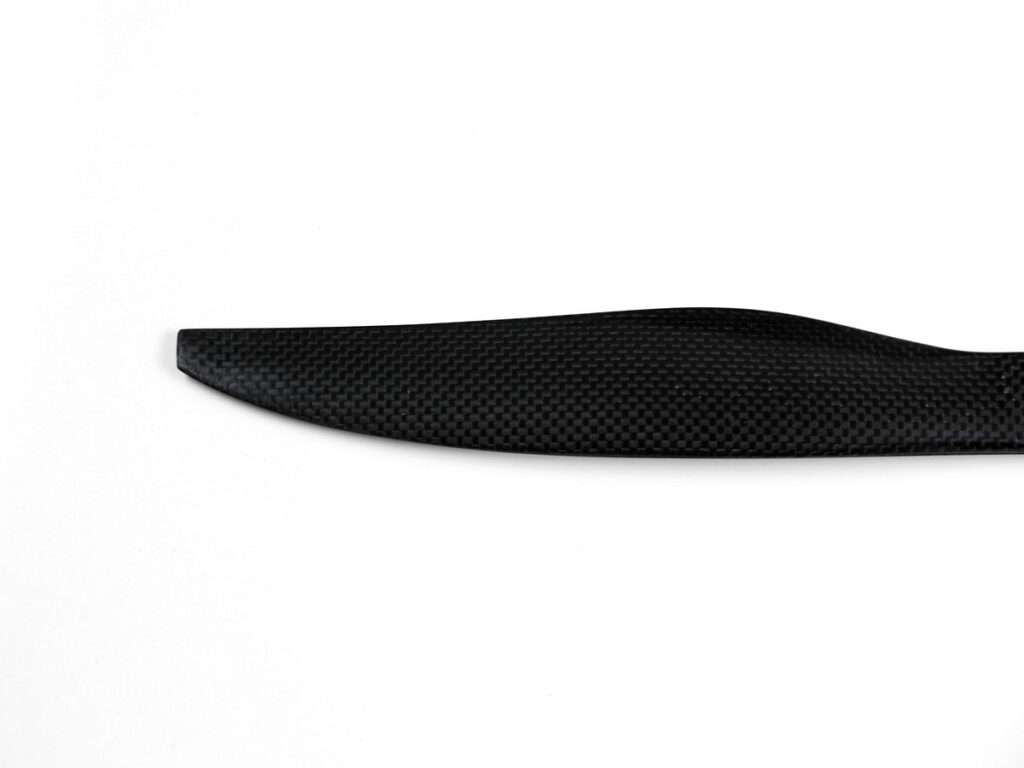Side view of the black carbon fiber drone propeller (two-blade)