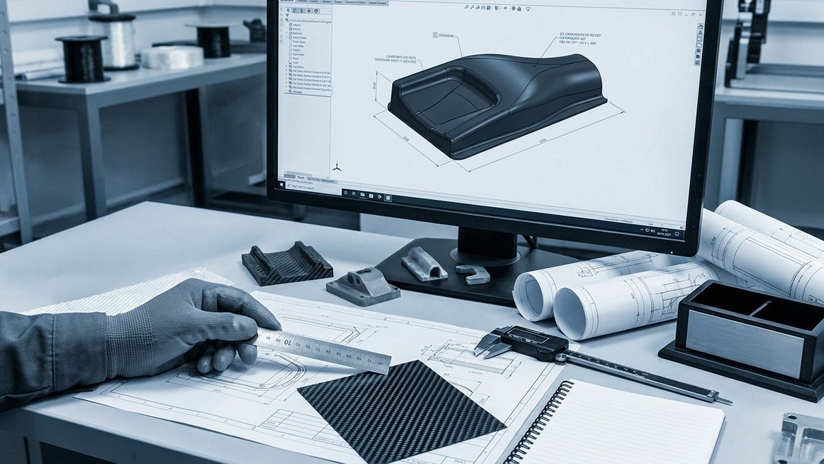 Desktop computer monitor displaying OEM/ODM composite material design drawings